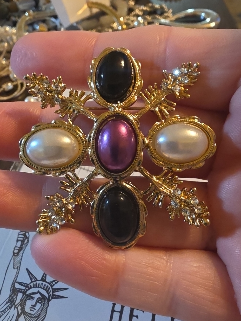 A88- Gold-Tone Multi-Stone Cross Brooch/ Pendant Combo